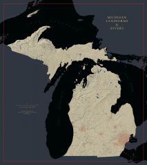Michigan - Landforms and Rivers Fine Art Print Map